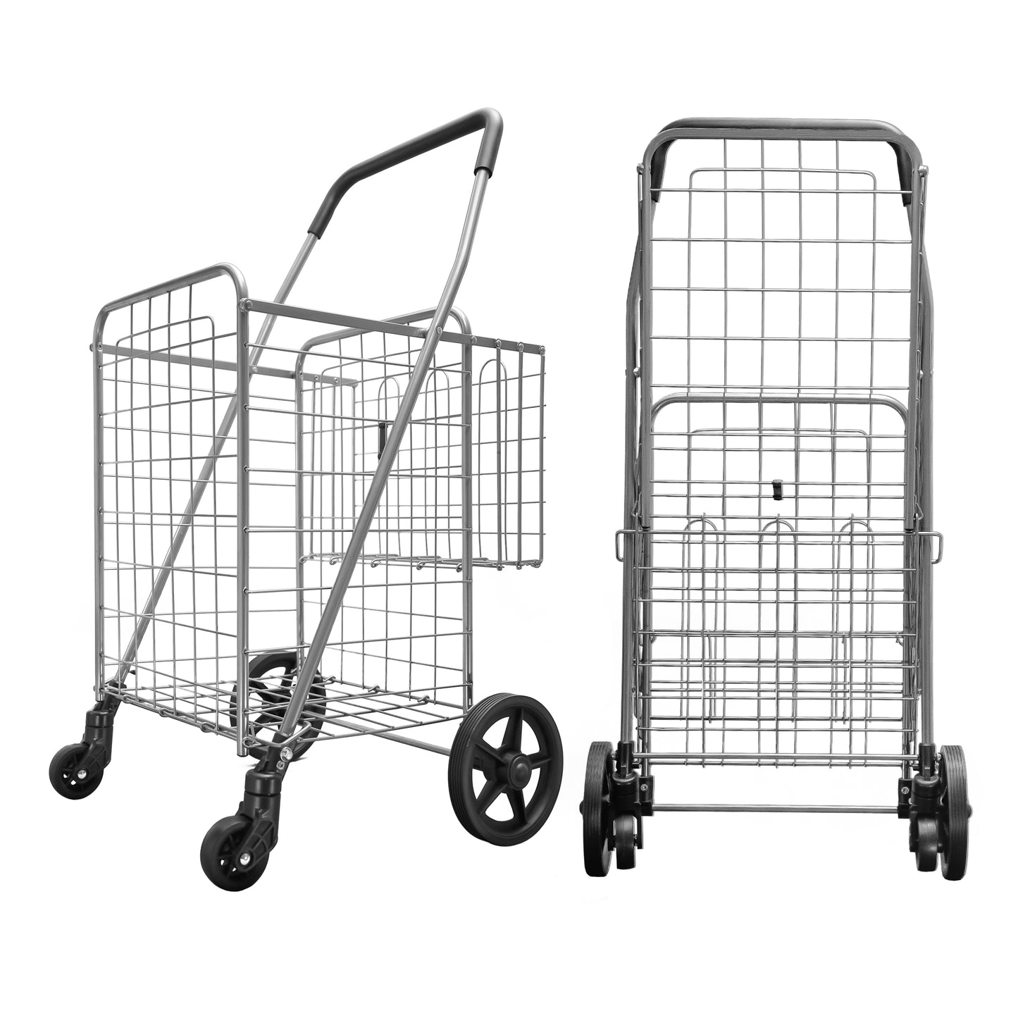 Folding Shopping Cart with Patent Pending Swivel Wheels and Double Basket, Large S-2081 Silver