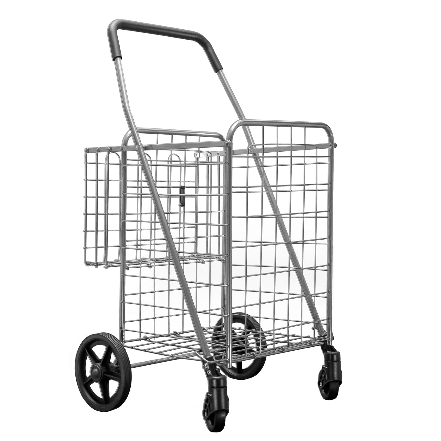 Folding Shopping Cart with Patent Pending Swivel Wheels and Double Basket, Large S-2081 Silver