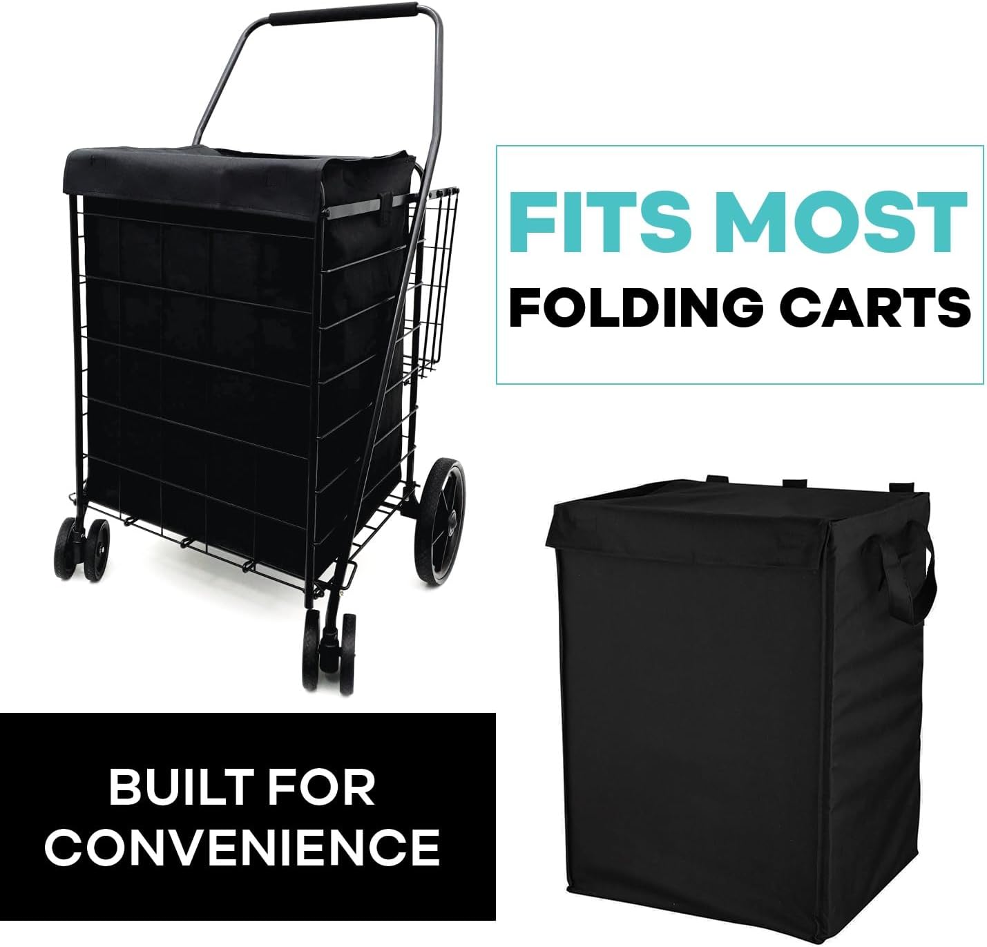 XL Univeral Jumbo Waterproof Shopping Cart Liner, 600D Oxford for Groceries and Laundry Bag — Universal Size Fit for Folding Shopping Carts— Standard Loop Closure
