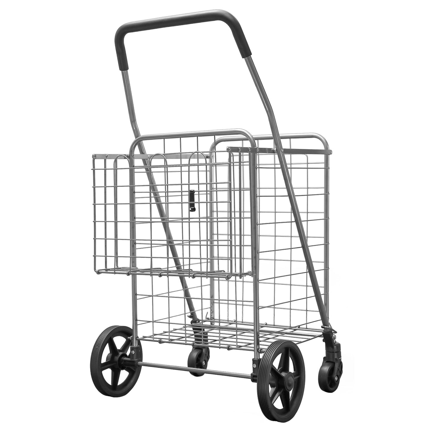 Folding Shopping Cart with Patent Pending Swivel Wheels and Double Basket, Large S-2081 Silver