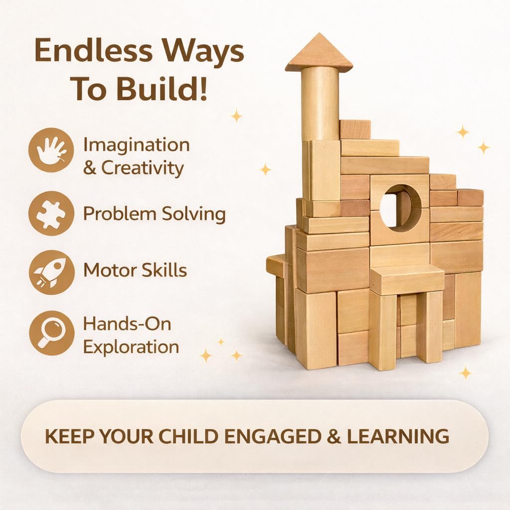 MOD 100-Piece Wood Building Blocks Set — Includes Heavy Duty Shape-Sorter Lid & Storage Bucket Wooden Blocks, Educational Screen-Free Toy for Toddlers Ages 1 2 3
