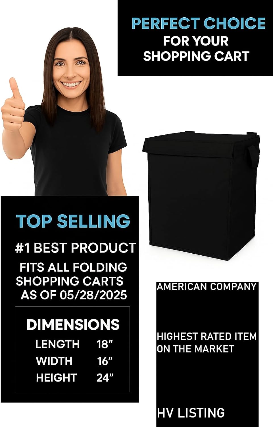 XL Universal Jumbo Waterproof Shopping Cart Liner, 600D Oxford for Groceries and Laundry Bag — Universal Size Fit for Folding Shopping Carts— Zipper Closure
