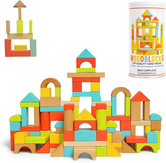 MOD 100-Piece Wood Building Blocks Set — Includes Heavy Duty Shape-Sorter Lid & Storage Bucket Pastel Color Wooden Blocks, Educational Screen-Free Toy for Toddlers Ages 1 2 3