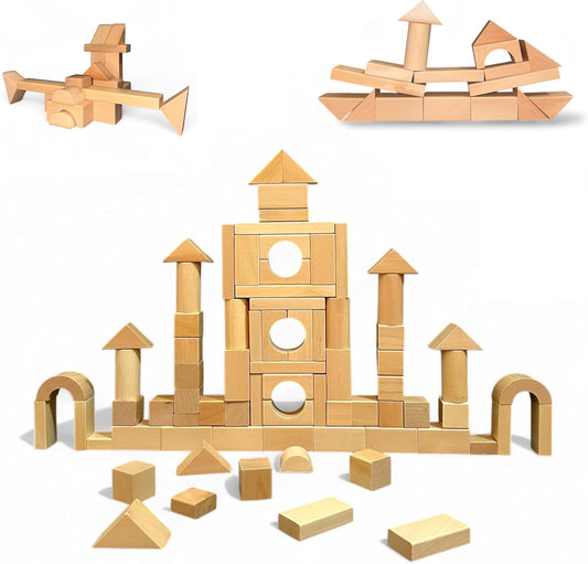 MOD 100-Piece Wood Building Blocks Set — Includes Heavy Duty Shape-Sorter Lid & Storage Bucket Wooden Blocks, Educational Screen-Free Toy for Toddlers Ages 1 2 3